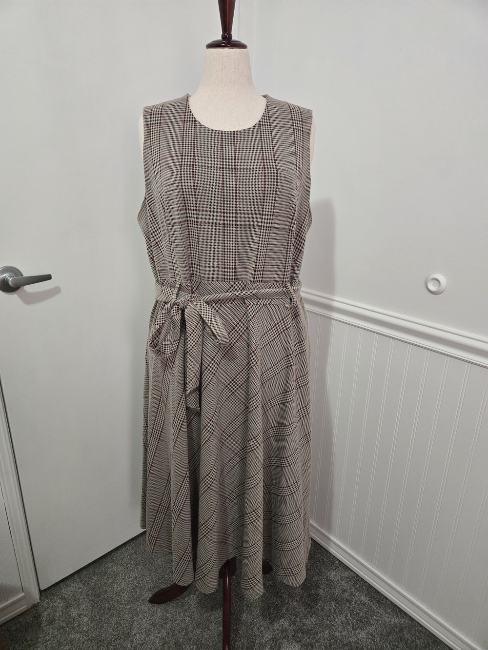 Calvin Klein Taupe Plaid Midi Dress with Self-Tie Belt